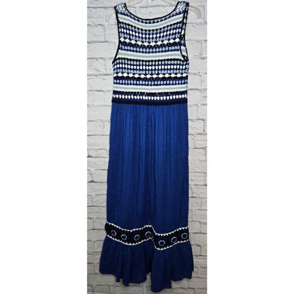 Zara Maxi Dress Contrast Blue Crochet Knit Top Ruffle Hem Sz M boho summer beach - Picture 3 of 8